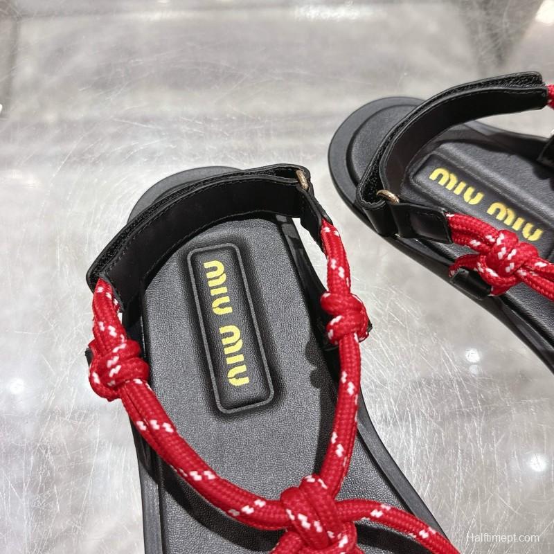 2025 Women Miu Miu Red Black Leather Rope Sandals KFY00200