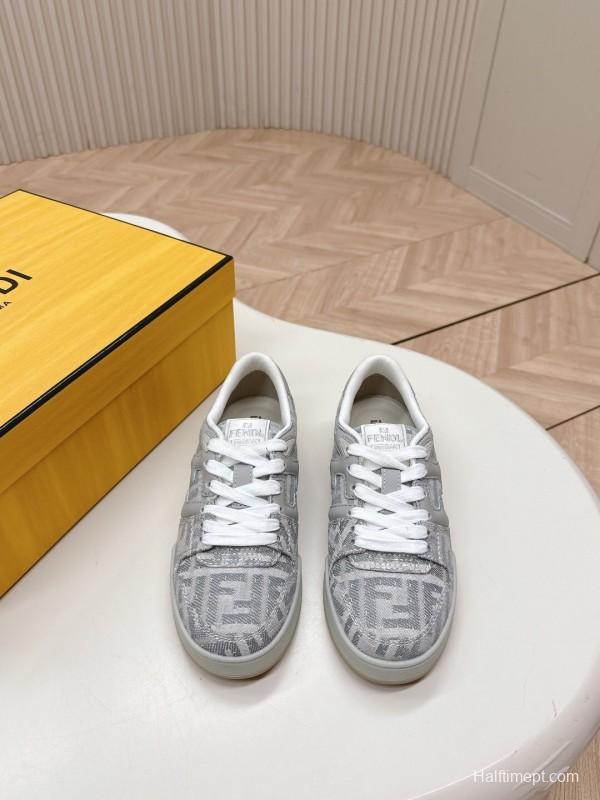 2025 Unisex Fendi Gray White Leather Fabric Plimsolls FF Retro LY00350(F)/LY00360(M)