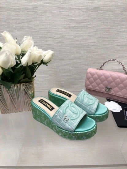 2025 Women Chanel Green Turquoise Tweed Platform Slippers LY00320
