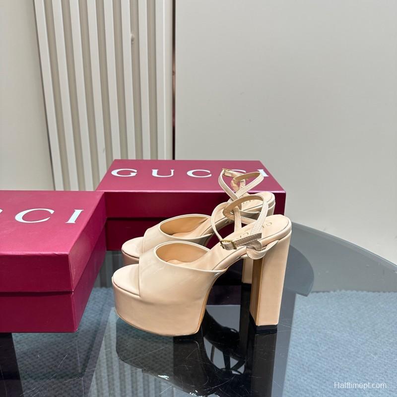 2025 Women Gucci Beige Leather Platform Sandals KFY00340