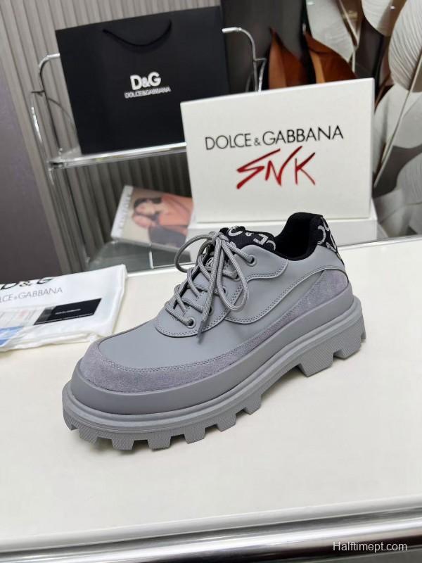 2024 Unisex Dolce & Gabbana Grey Leather Derby Casual Shoes MJ00360
