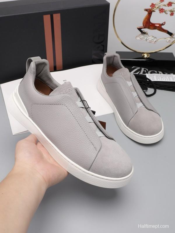 2024 Men Ermenegildo Zegna Light Grey Leather Suede Low Top Sneakers MJ00240