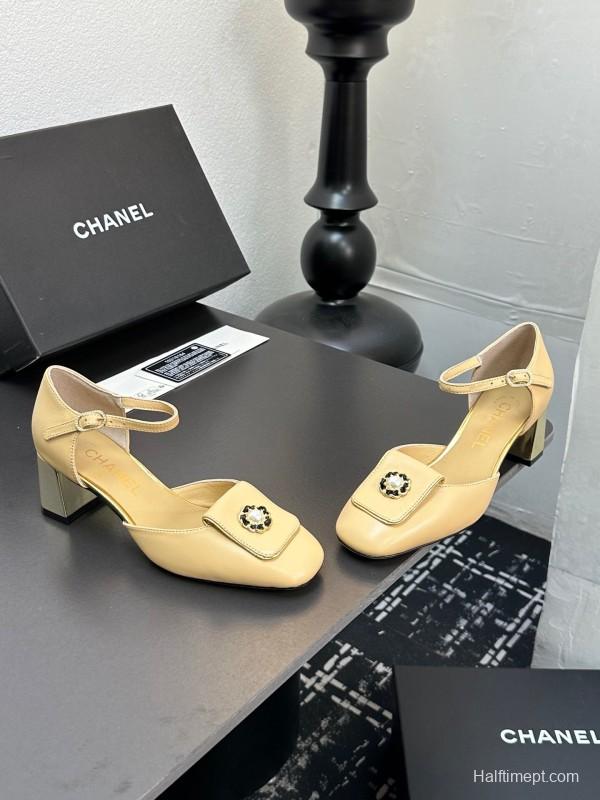 2025 Women CHANEL Beige Lambskin Mid Heel Ankle Strap Square Toe Pumps