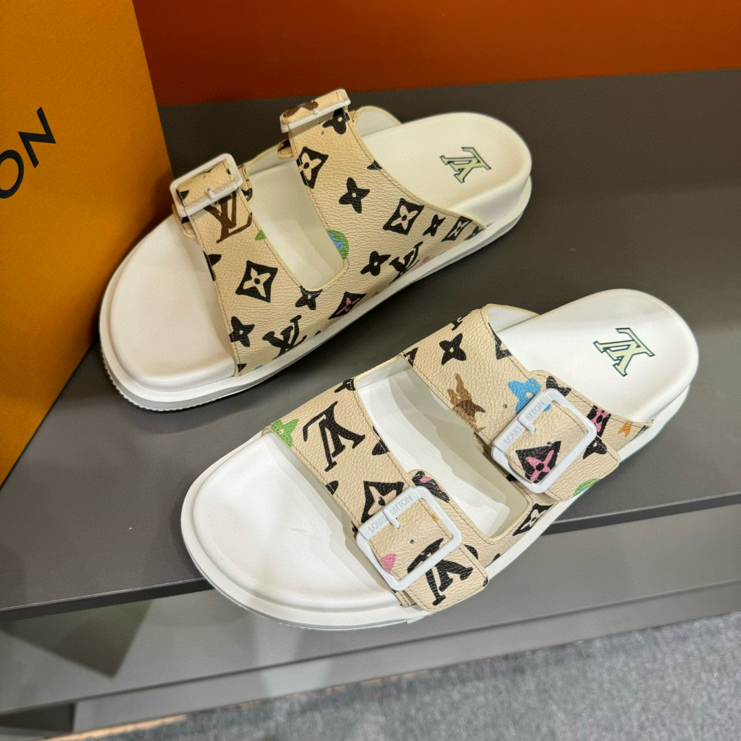 2024 Slippers Louis Vuitton Beige Multicolor Leather Slippers