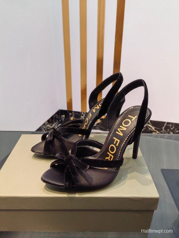 2025 Women TOM FORD Black Velvet High Heel Slingback Bow KFY00300
