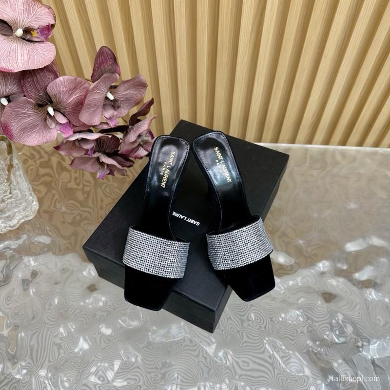 2025 Women Yves Saint Laurent Black Crystal Fabric High Heel Sandals MJ00300