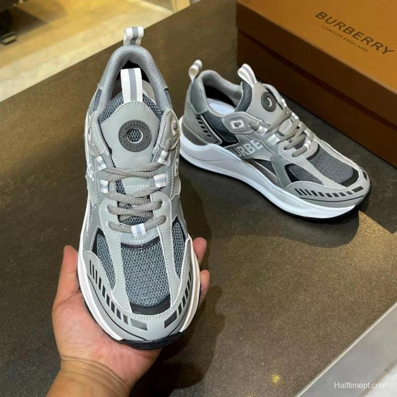 2025 Unisex Burberry Grey Suede Leather Mesh Sneakers Vintage Code MJ00380
