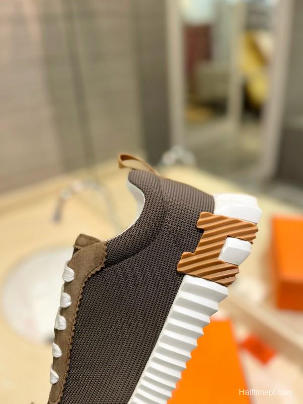 2024 Unisex Hermès Brown Khaki Mesh Suede Sneakers