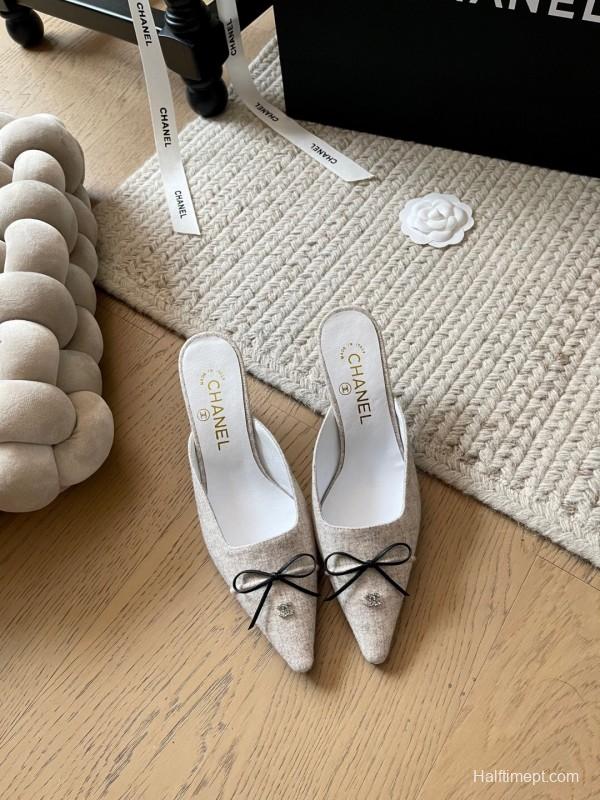 2025 Women Chanel Beige Fabric Pointed Toe Mules KFY00290