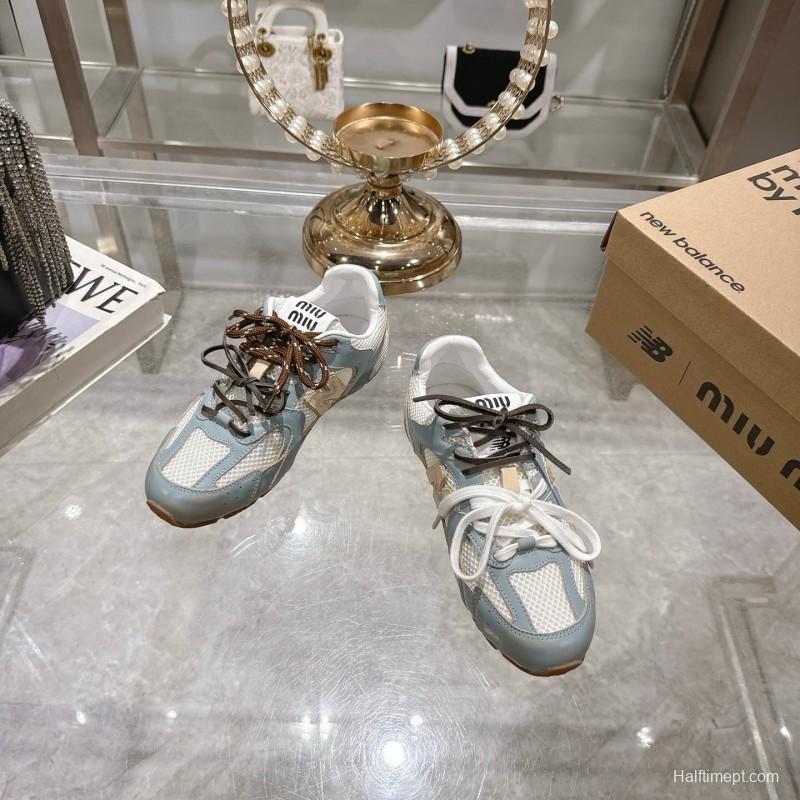 2025 Women Miumiu Light Blue White Leather Mesh Sneakers