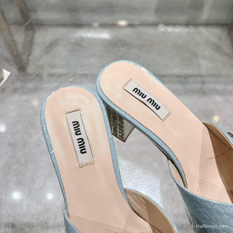 2025 Women Miu Miu Light Blue Leather Mules