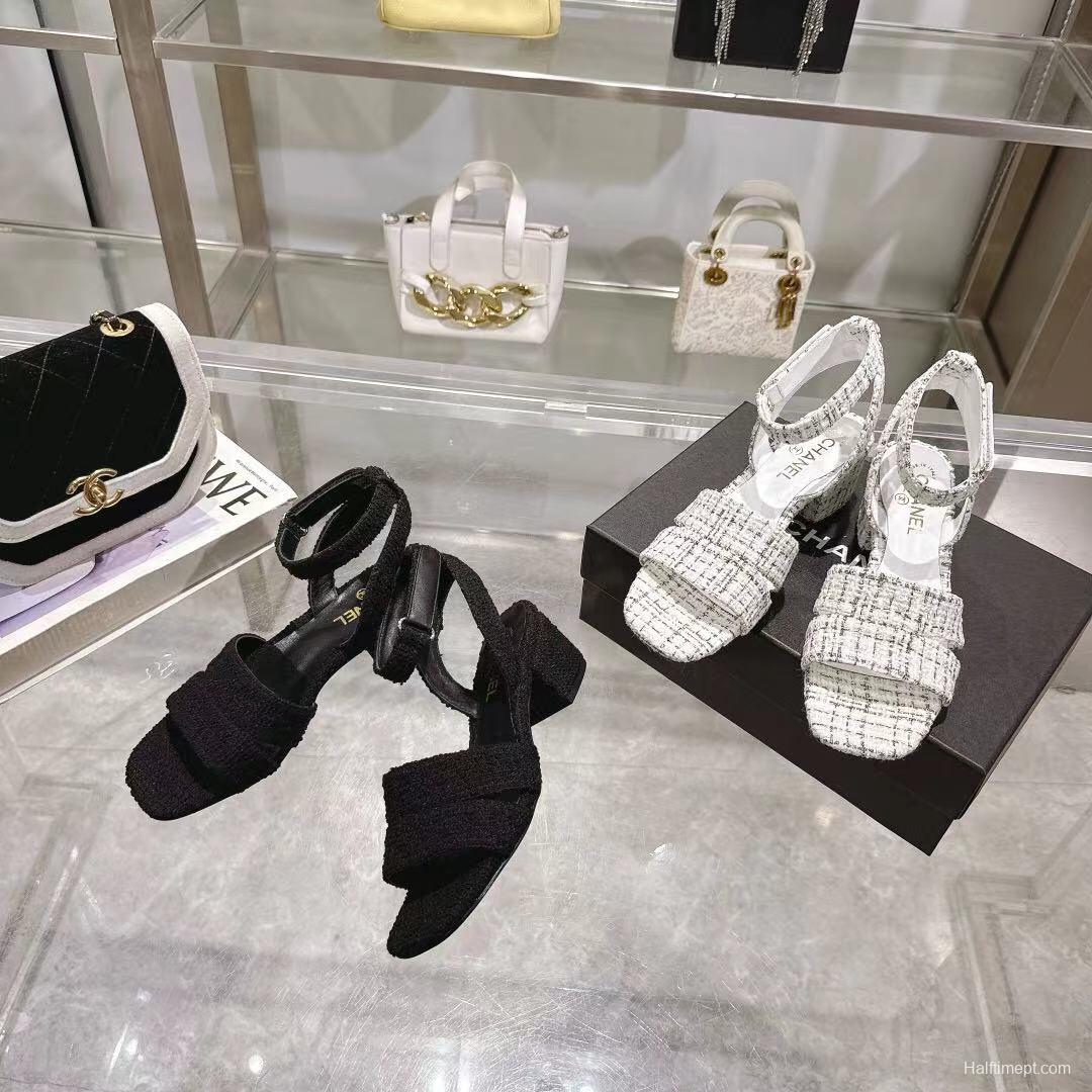 2025 Women Chanel Black Tweed Sandals LY00280