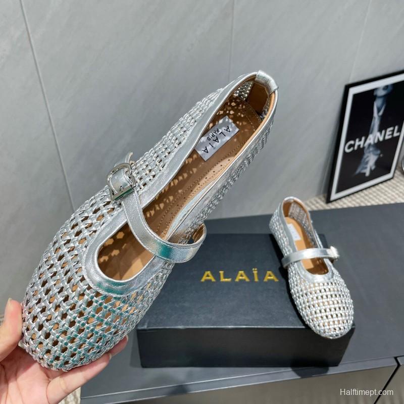 2025 Women Alaïa Silver Leather Woven Mary Jane Flats LY00360(F)