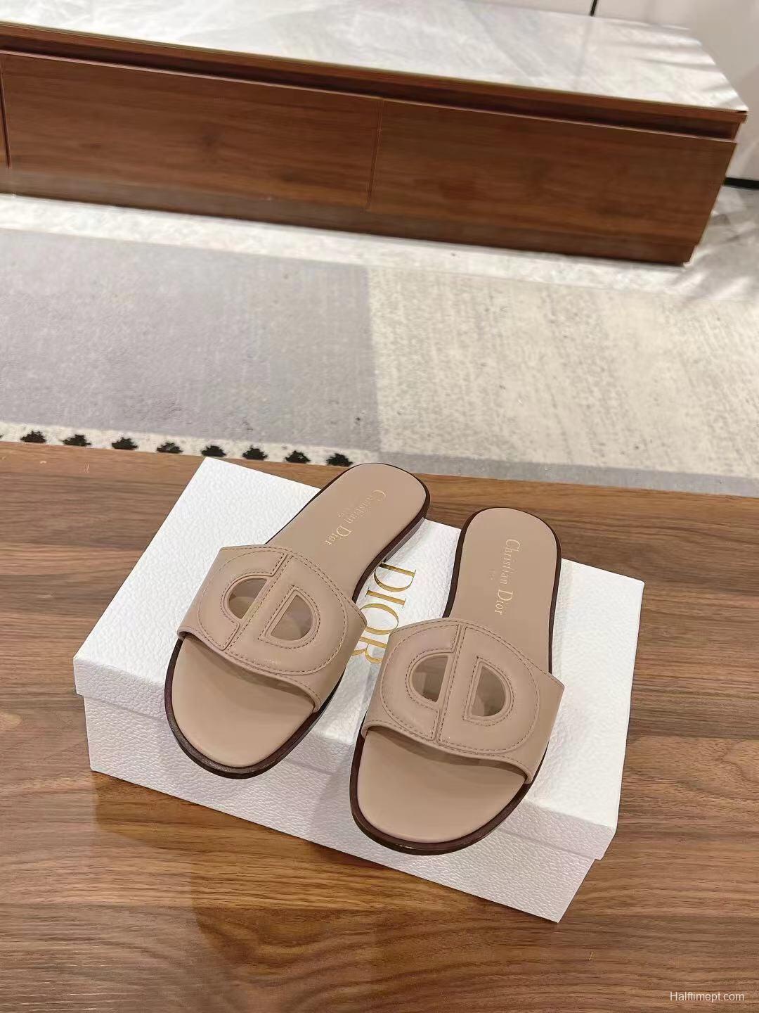 2025 Dio Women Beige Leather Slippers LY00260