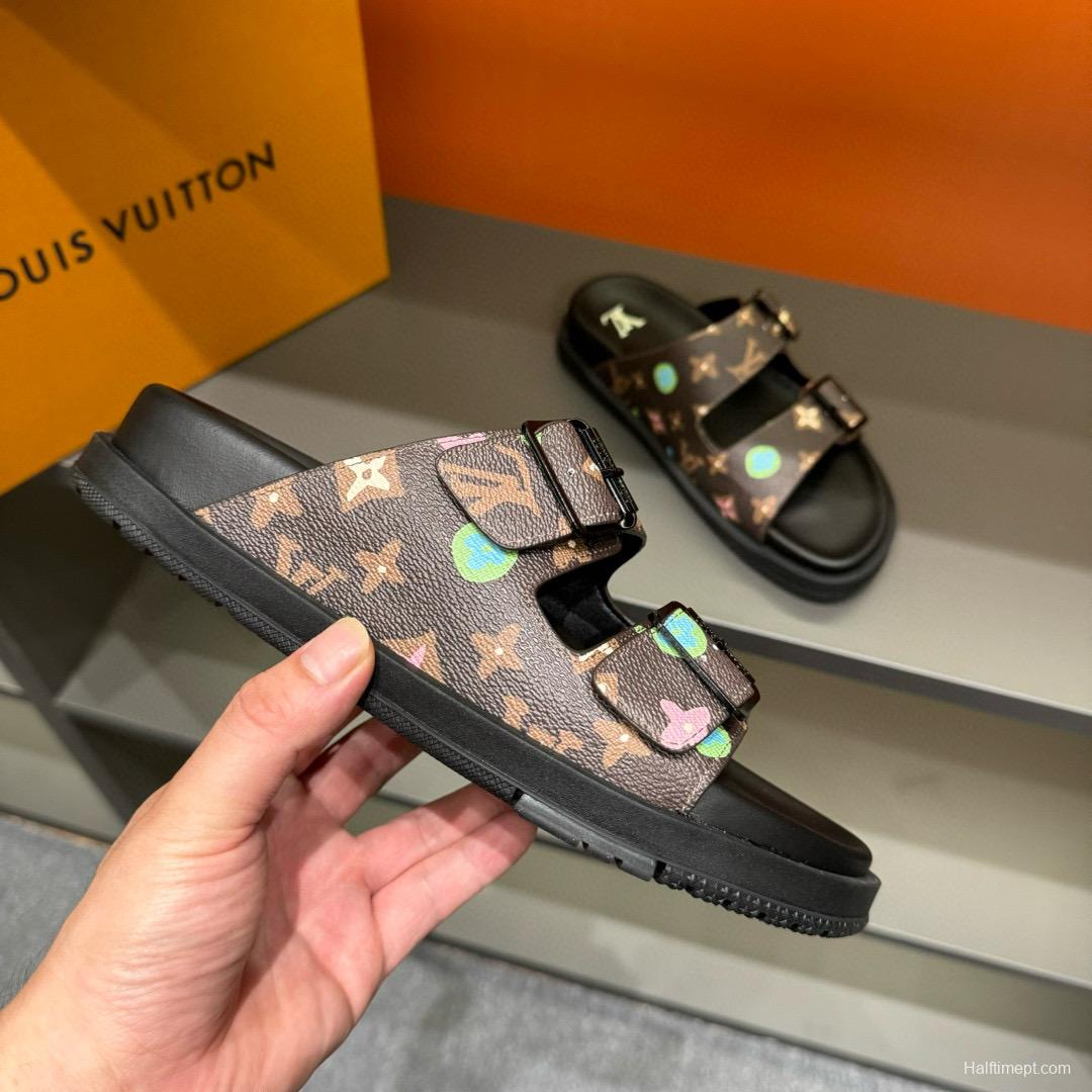 2024 Men Louis Vuitton Brown Black Rubber Leather Sandals Oblique MJ00210