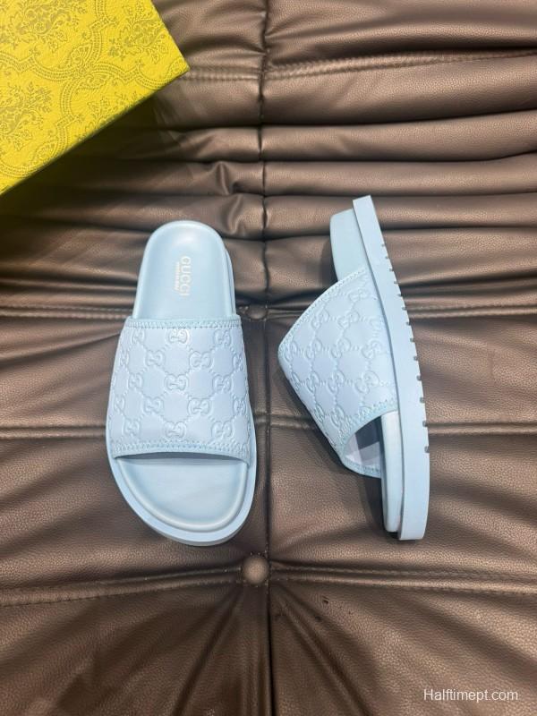 2024 Slippers Gucci Light Blue Leather Slippers MJ00200