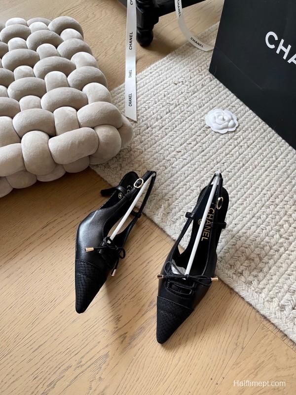 2025 Women Chanel Black Leather Slingback Bowknot Pumps KFY00320