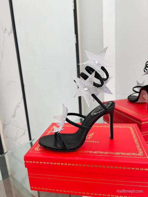 2025 Women RC Black Silk Crystal Star High Heel Sandals LY00340