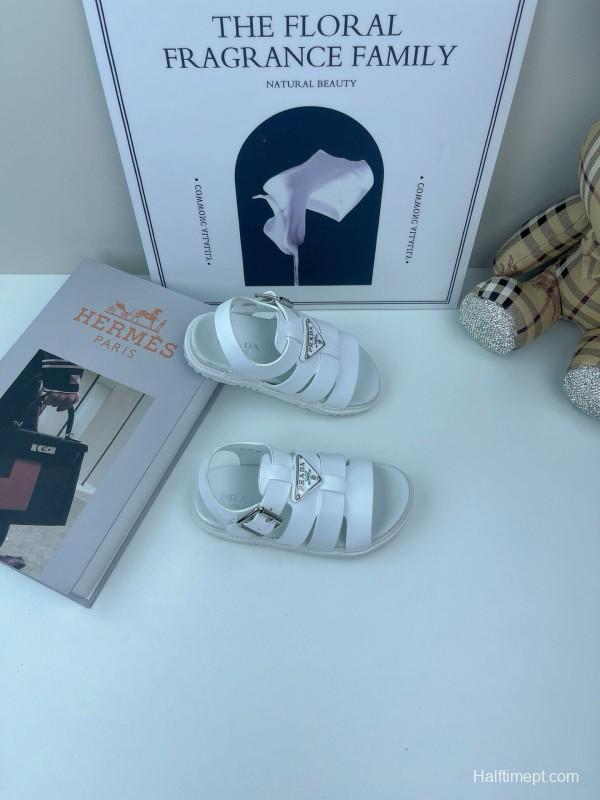 2025 Kids PRADA Black White Leather Sandals