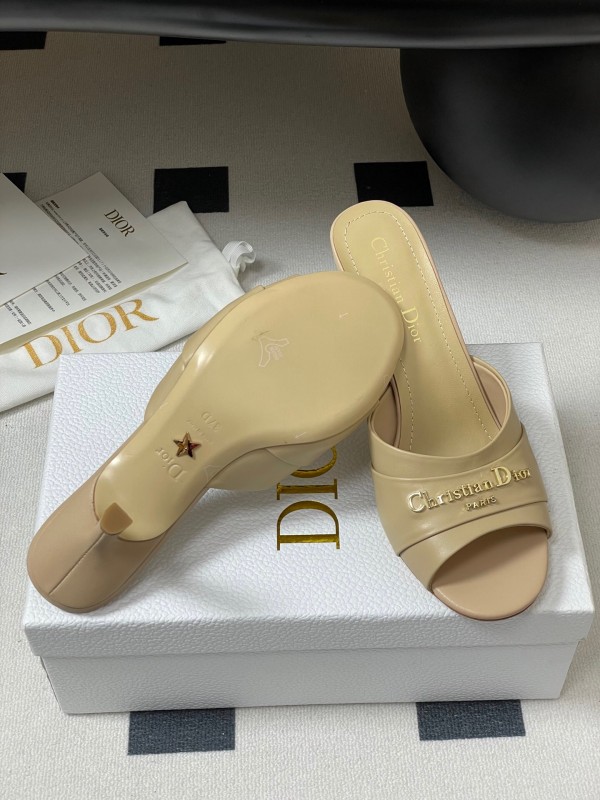 2025 Women Dior Beige Leather Heeled Slippers Christian Dior Logo