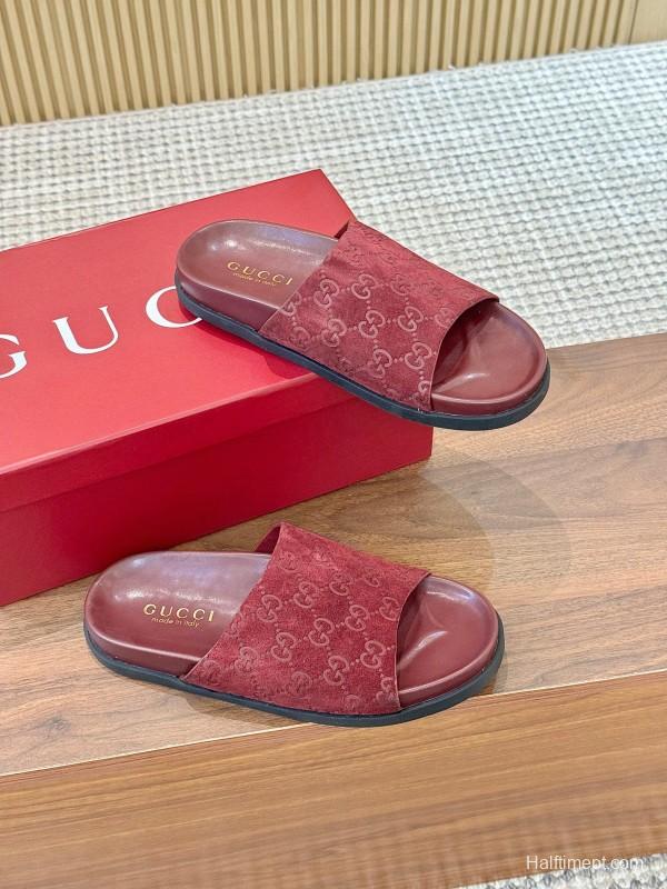 2025 Women Gucci Red Suede Leather Slippers