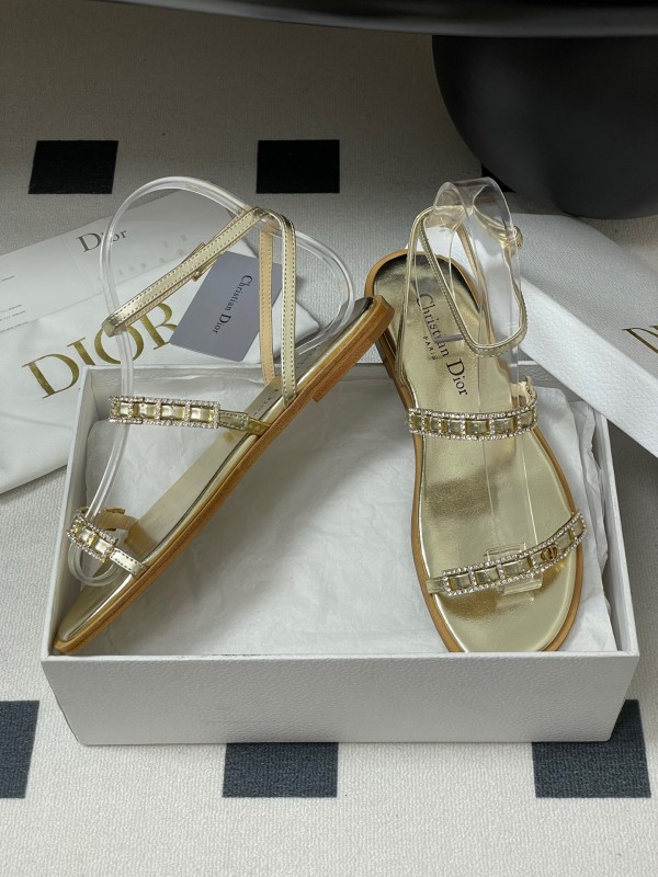 2025 Women Dior Gold Leather Sandals Crystal Embellishment