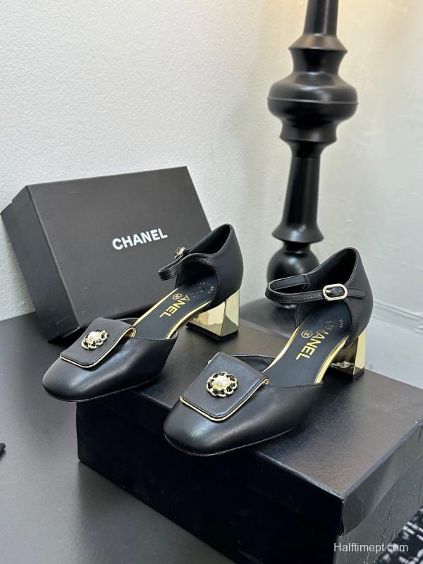 2025 Women CHANEL Black Leather Block Heel Metal Accent LY00360