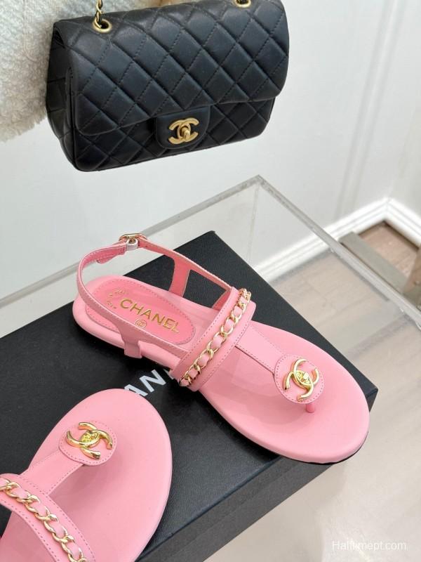 2025 Women Chanel Pink Lambskin Sandals CC Logo KFY00250