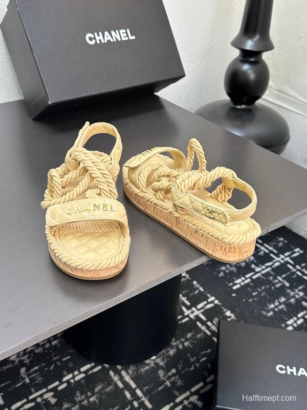 2025 Women Chanel Beige Rope Leather Slingback Sandals