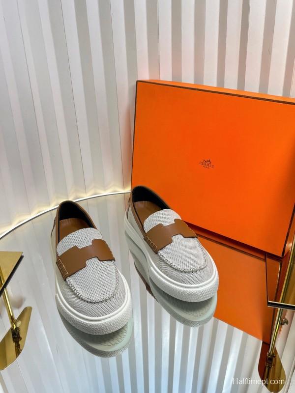 2025 Unisex Hermès White Brown Leather Fabric Loafers