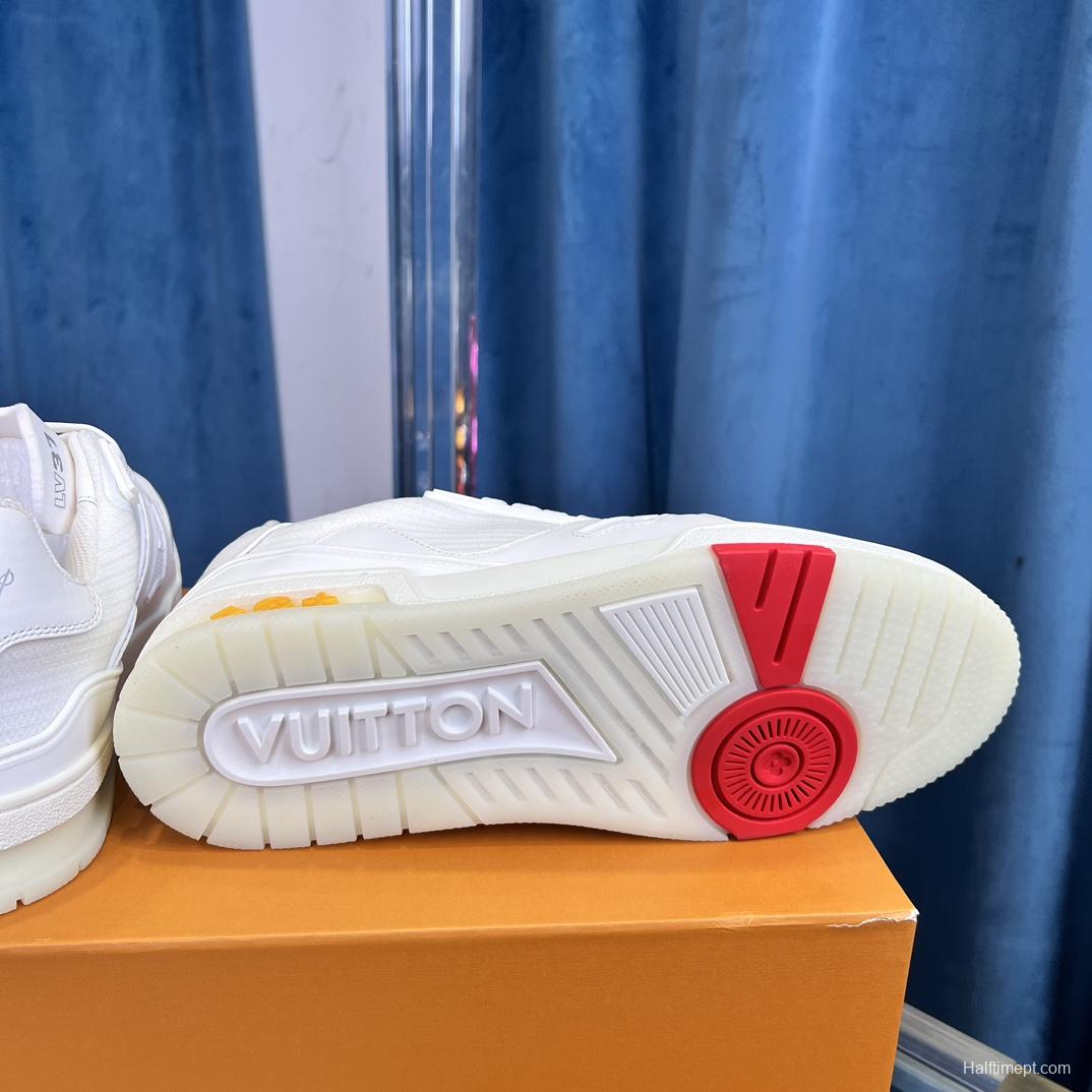 2025 Unisex Louis Vuitton White Calf Leather Mesh Trainer TPU Plimsolls Goodyear Welt