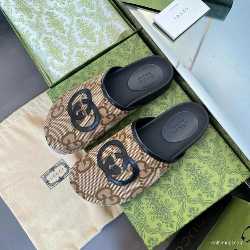 2024 Unisex Gucci Beige Brown Leather Slippers GG Pattern MJ00280