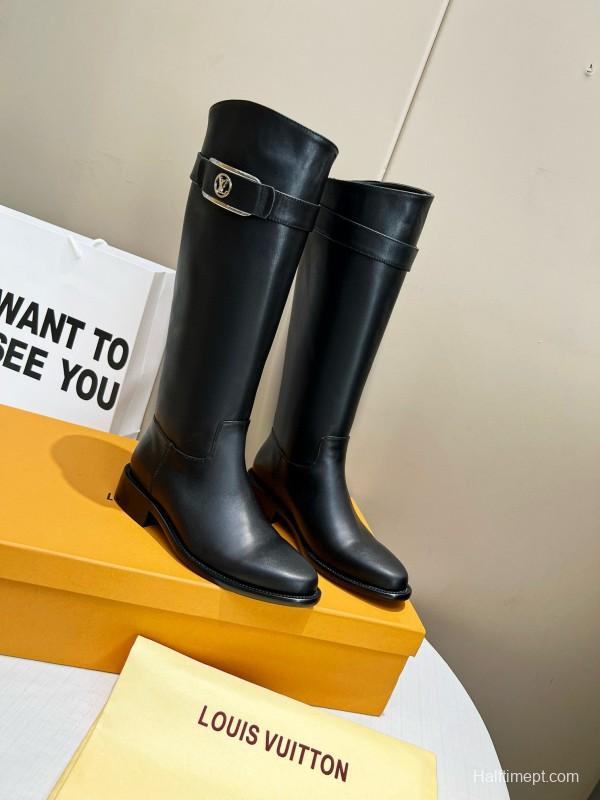 2024 Women Louis Vuitton Black Full Grain Leather Knee High Boots MJ00400