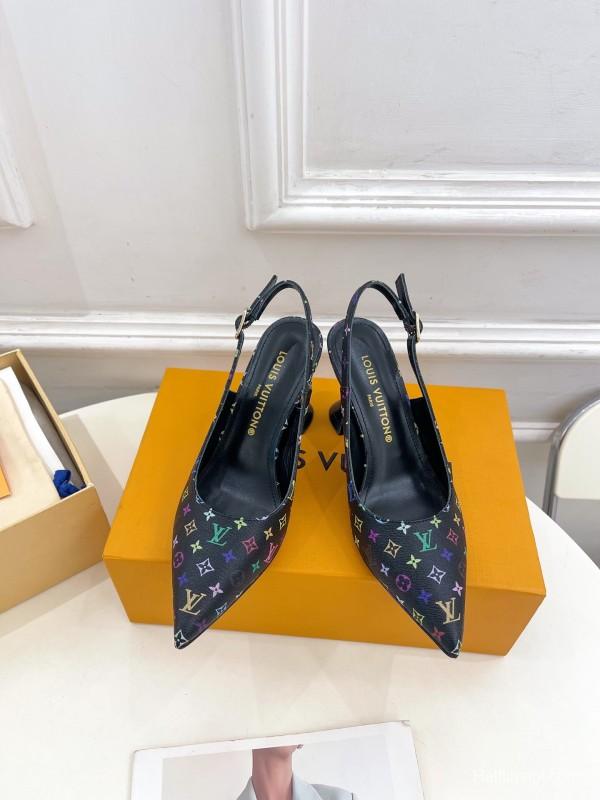 2025 Women Louis Vuitton Black Multicolor Leather Slingback Heels KFY00280
