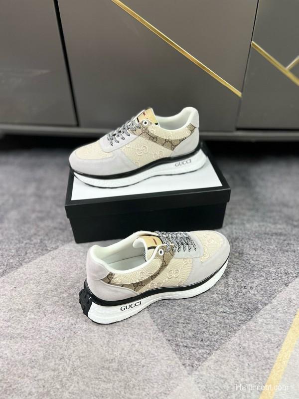 2024 Men Gucci Beige Brown Canvas Leather Sneakers MJ00260