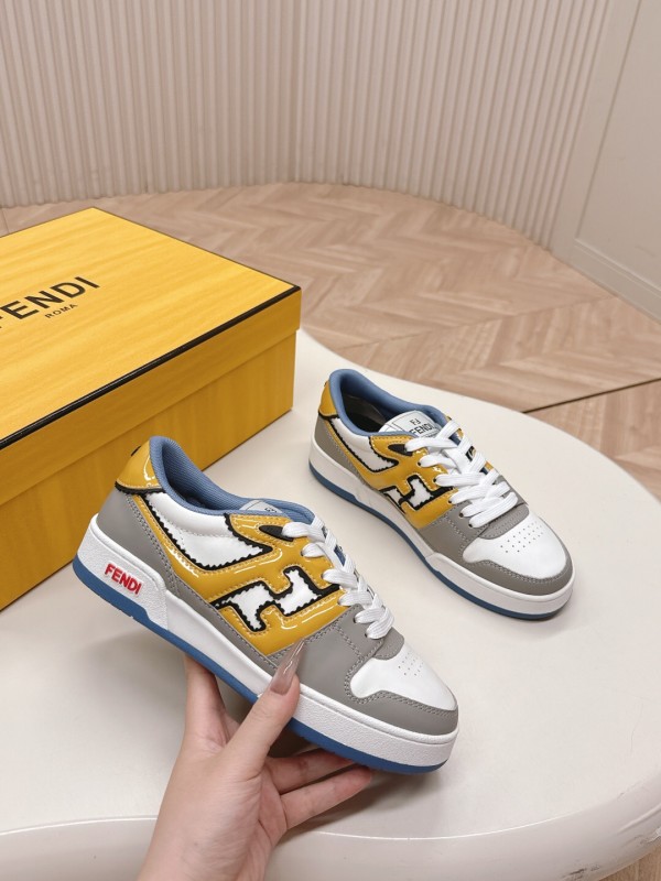 2025 Unisex Fendi White Yellow Grey Leather Sneakers FD Match LY00360(F)/LY00370(M)