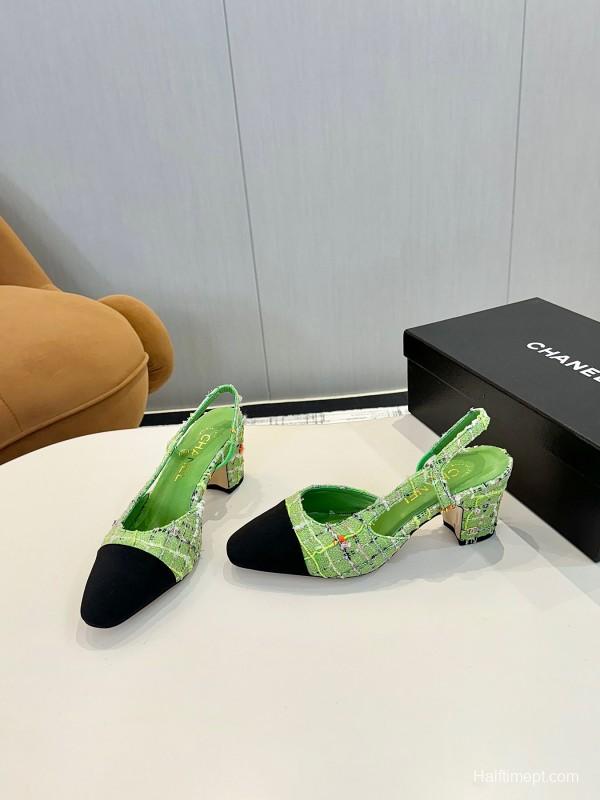 2025 Women Chanel Green Black Fabric Leather Slingback Shoes