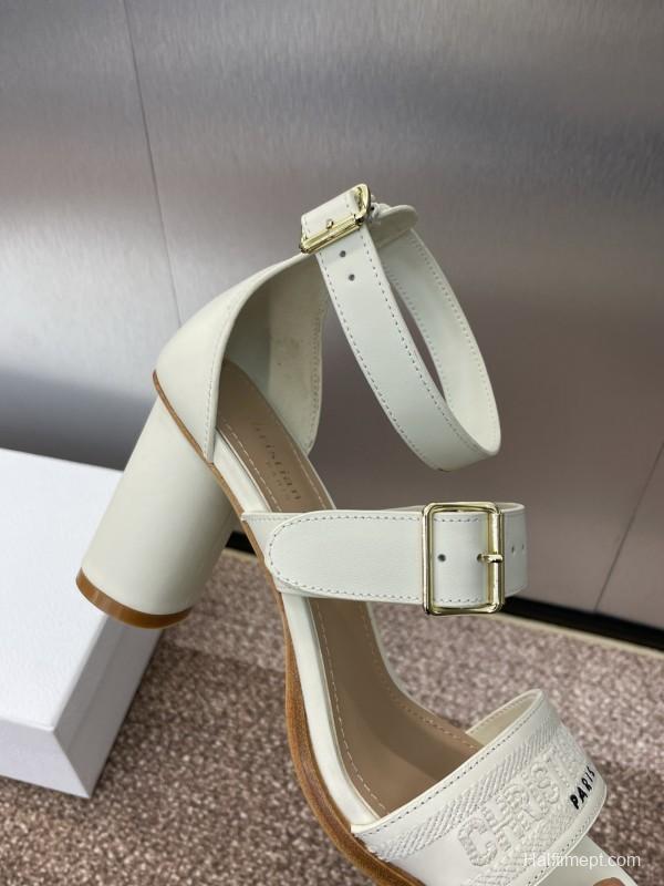 2025 Women Dior White Calfskin Leather Sandals Ankle Strap