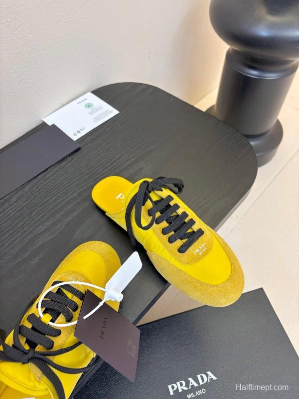 2025 Women Prada Yellow Black Suede Leather Sneakers