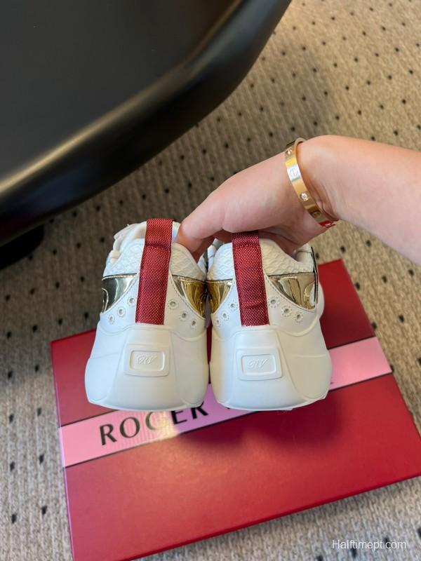 2025 Women Roger Vivier White Gold Leather Mesh Sneakers KFY00380