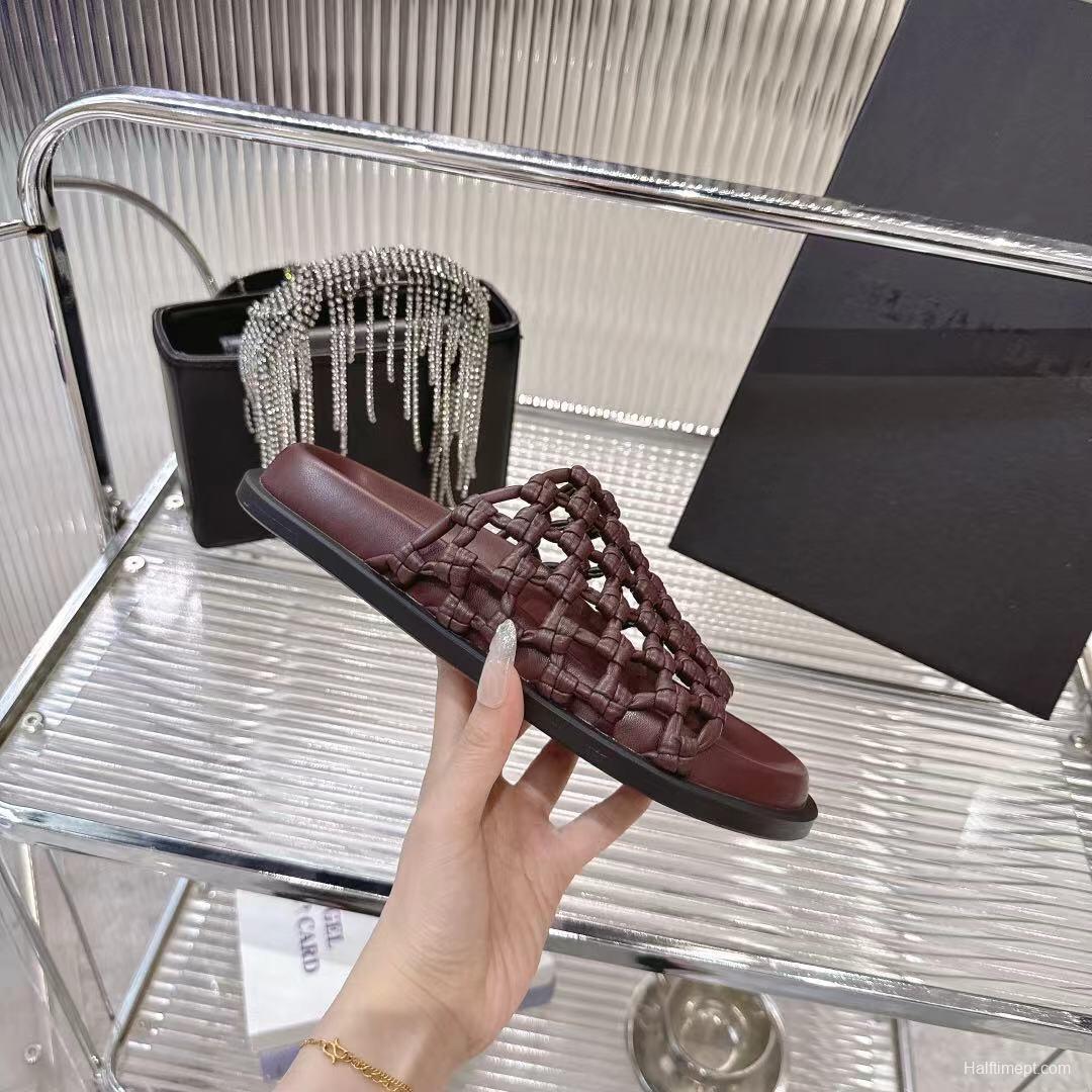 2025 Women Jil Sander Brown Leather Woven Slippers