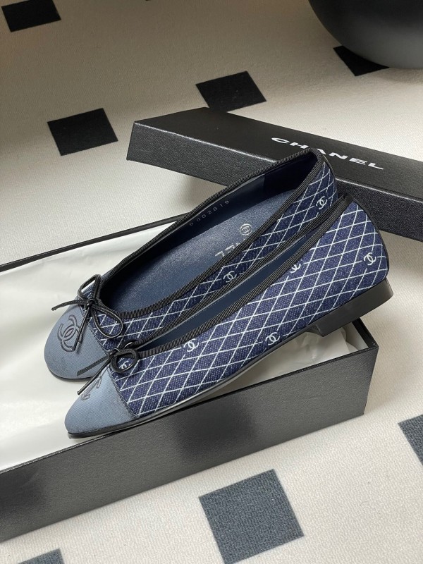 2025 Women Chanel Blue Denim Leather Ballet Flat