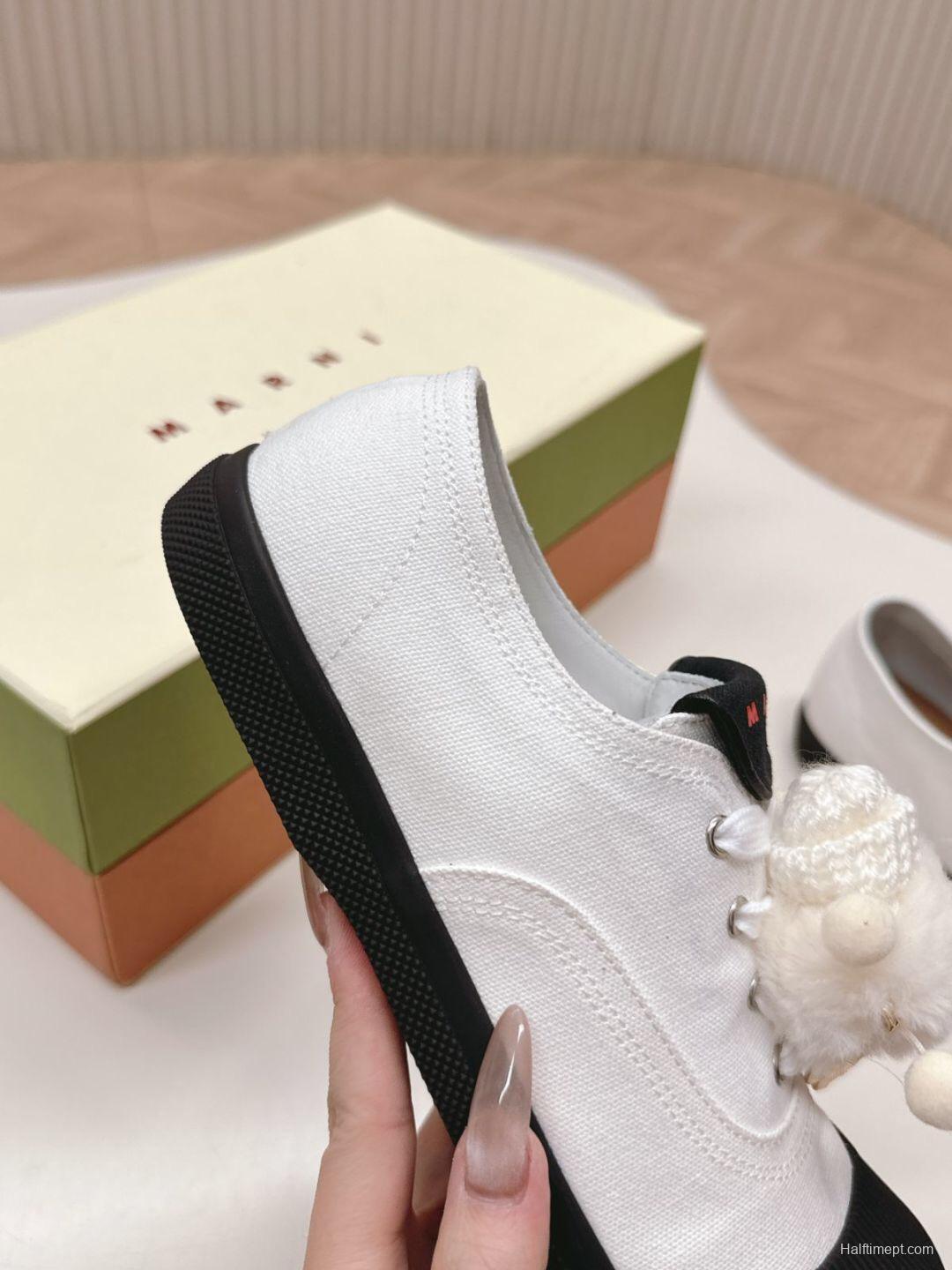 2025 Women Marni White Black Leather Casual Sneakers LY00250F