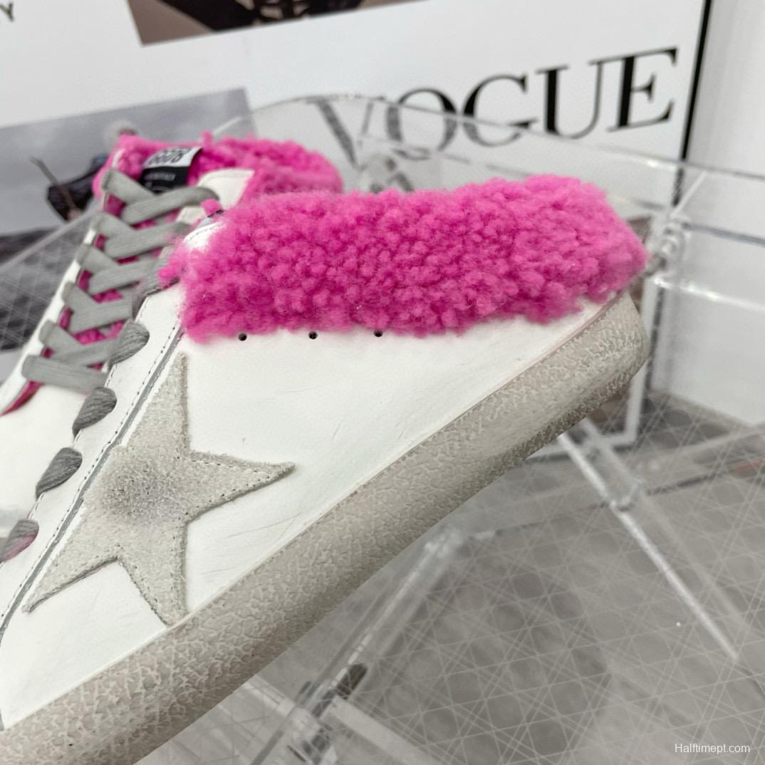 2025 Women GGDB White Pink Shearling Leather Sneakers