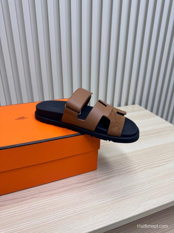 2025 Slippers Hermès Brown Black Leather Nubuck Slippers