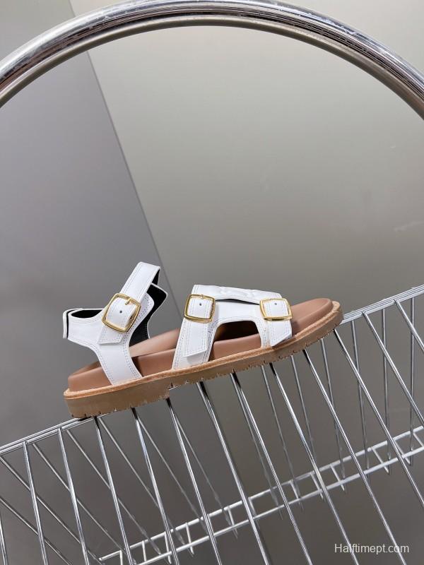 2025 Women Celine White Leather Sandals Buckle KFY00280