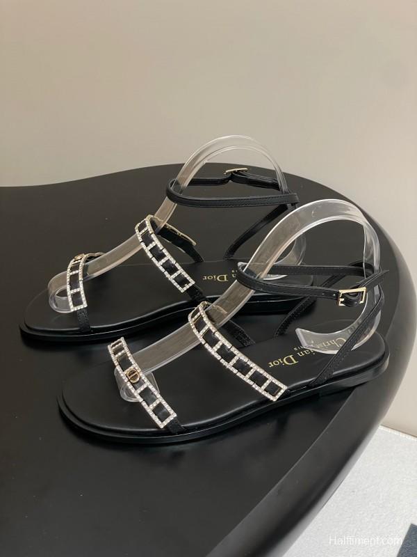 2025 Women Dior Black Crystal Embellished Leather Flat Sandals