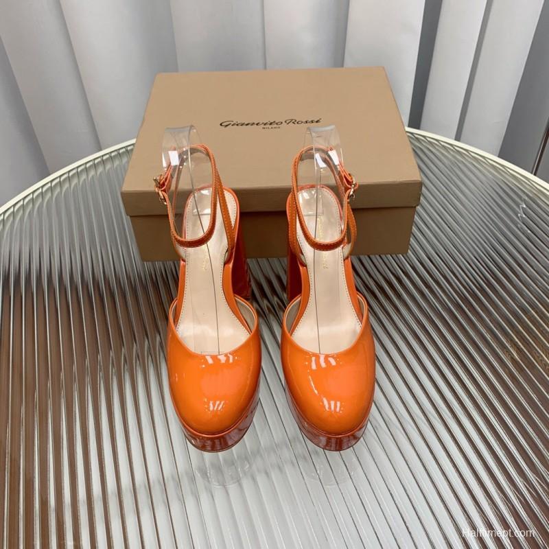 2025 Women Gianvito Rossi Orange Patent Leather Platform Sandals KFY00340