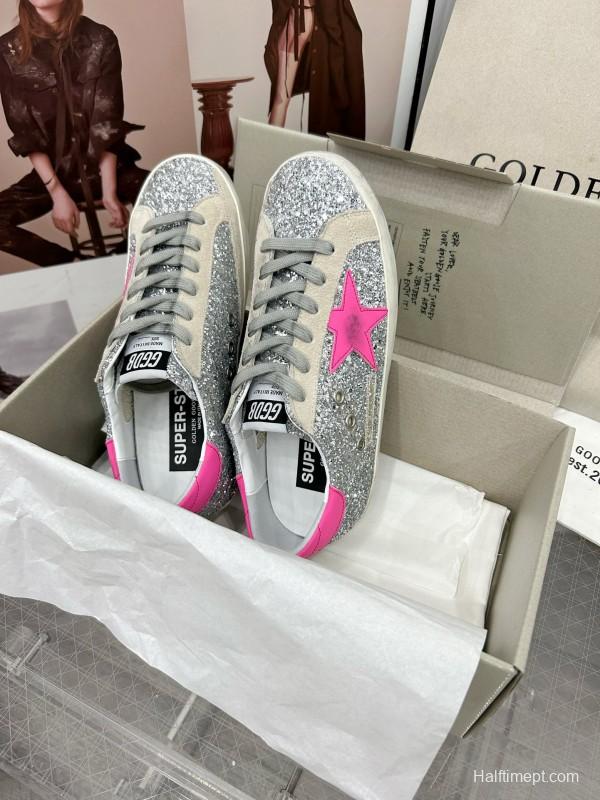 2024 Women GGDB Silver Pink Leather Suede Sneakers