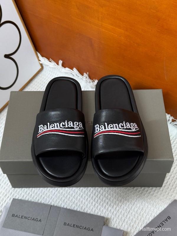 2025 Slippers Balenciaga Black Leather Slippers KFY00230